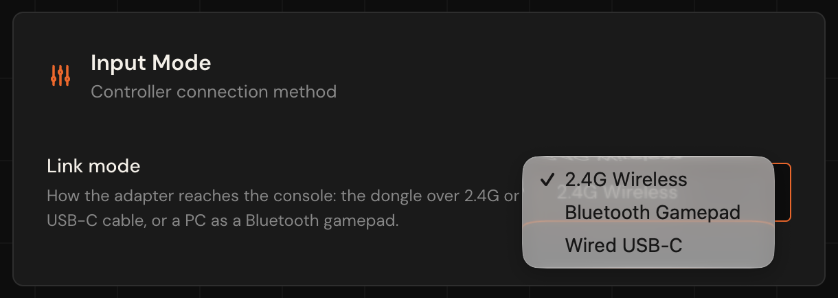 Link mode list with 2.4G Wireless, Bluetooth Gamepad and Wired USB-C