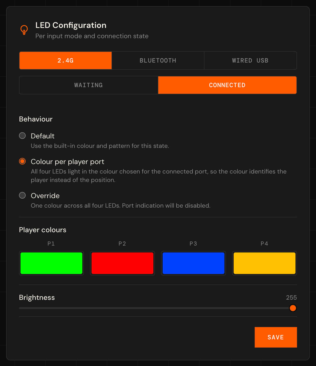 LED page, 2.4G Connected, Colour per player port with P1 to P4 colours