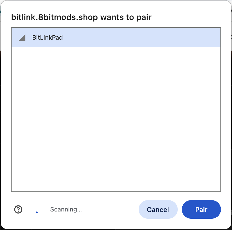 Chrome Bluetooth list showing BitLinkPad